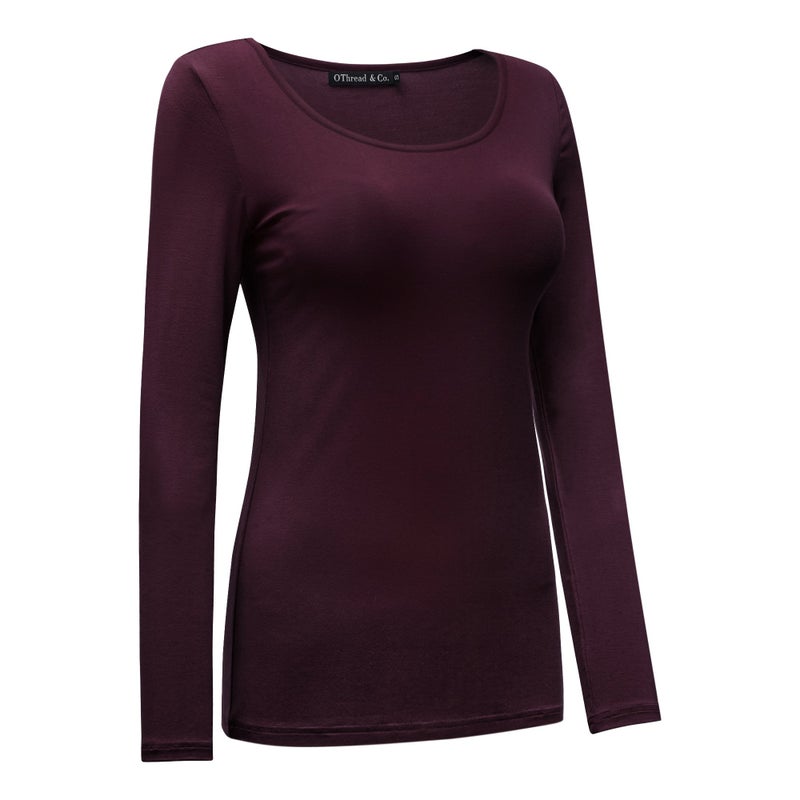 OThread & Co. Women's Long Sleeve T-Shirt Scoop Neck Basic Layer Stretchy Shirts (X-Large, Maroon) - Image 3